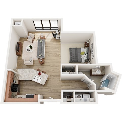 Floor plan for studio, 1 bath, 634 sqft